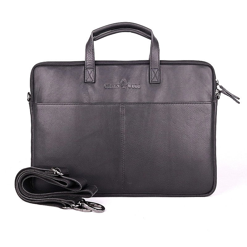 Černá kožená pánská taška do ruky GreenWood LP-14 na notebook až 14"
